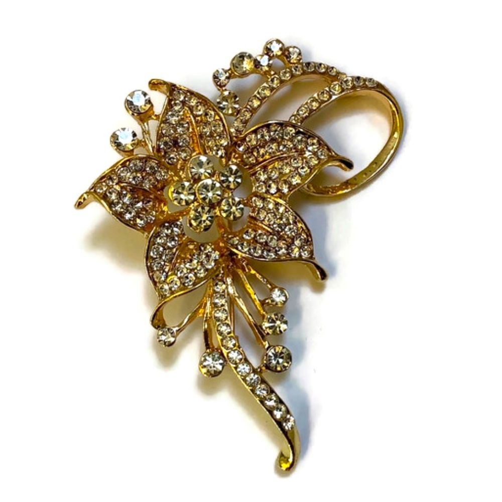 Large Gold Toned and Rhinestone Flower Brooch - Picture 3 of 7